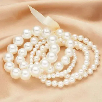 Pack of 4 White Pearl Hand wrap Bracelet with elastic thread