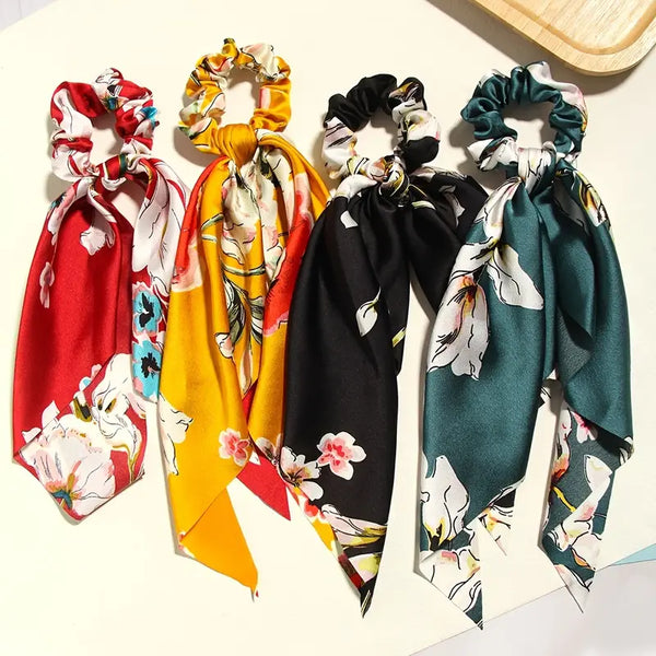 Pack of 2 Print Ponytail Elastic Bow Scrunchies Hair Ribbon For Women (Random prints)