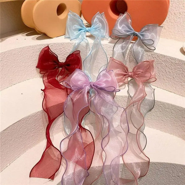 Pack of 2 pc longtail organza korean styling bow pin (Random color)